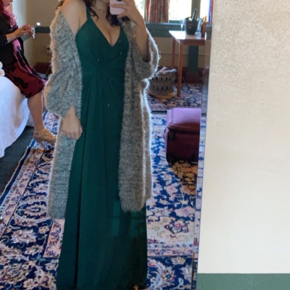 Pine green with leg slit bridesmaid dress.